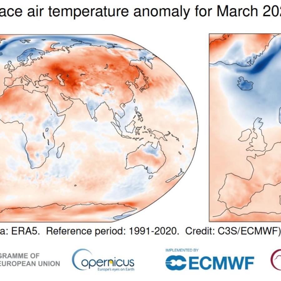 Surface air temperature anomaly for March 2023